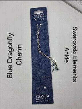 Crystal Anklet Swarovski Elements Light Blue Dragonfly Charm Silver Tone NWT
